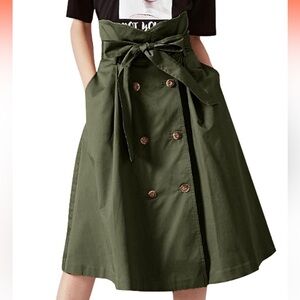 High Waisted Green Double-Breasted A-Line Skirt